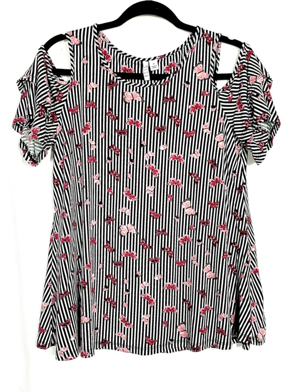 Elle Black & White Striped Cold-Shoulder Top with Pink Butterfly Print